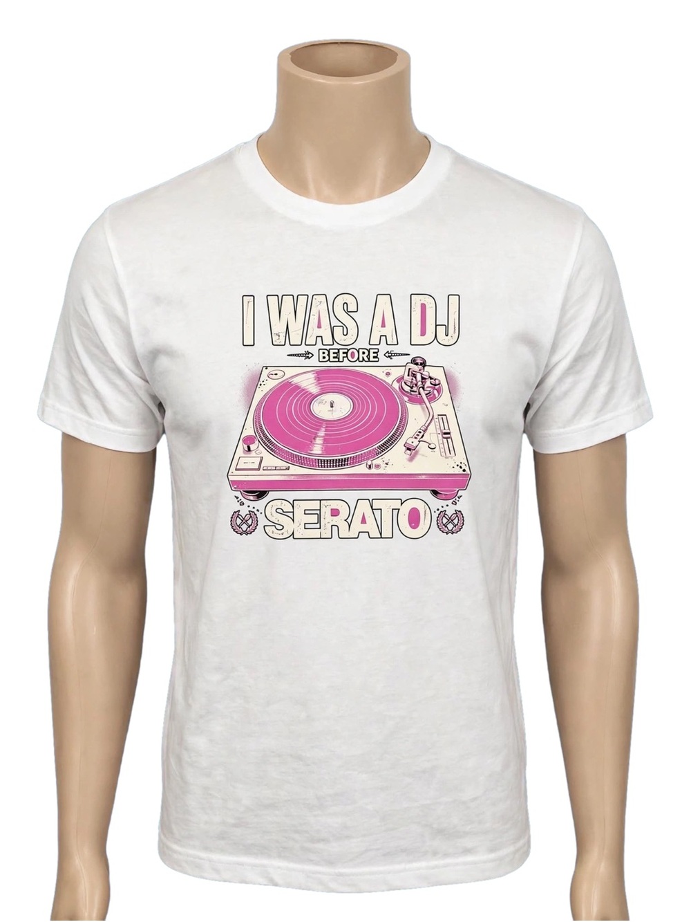 White Short-Sleeve Graphic Tee with Pink Turntable Print